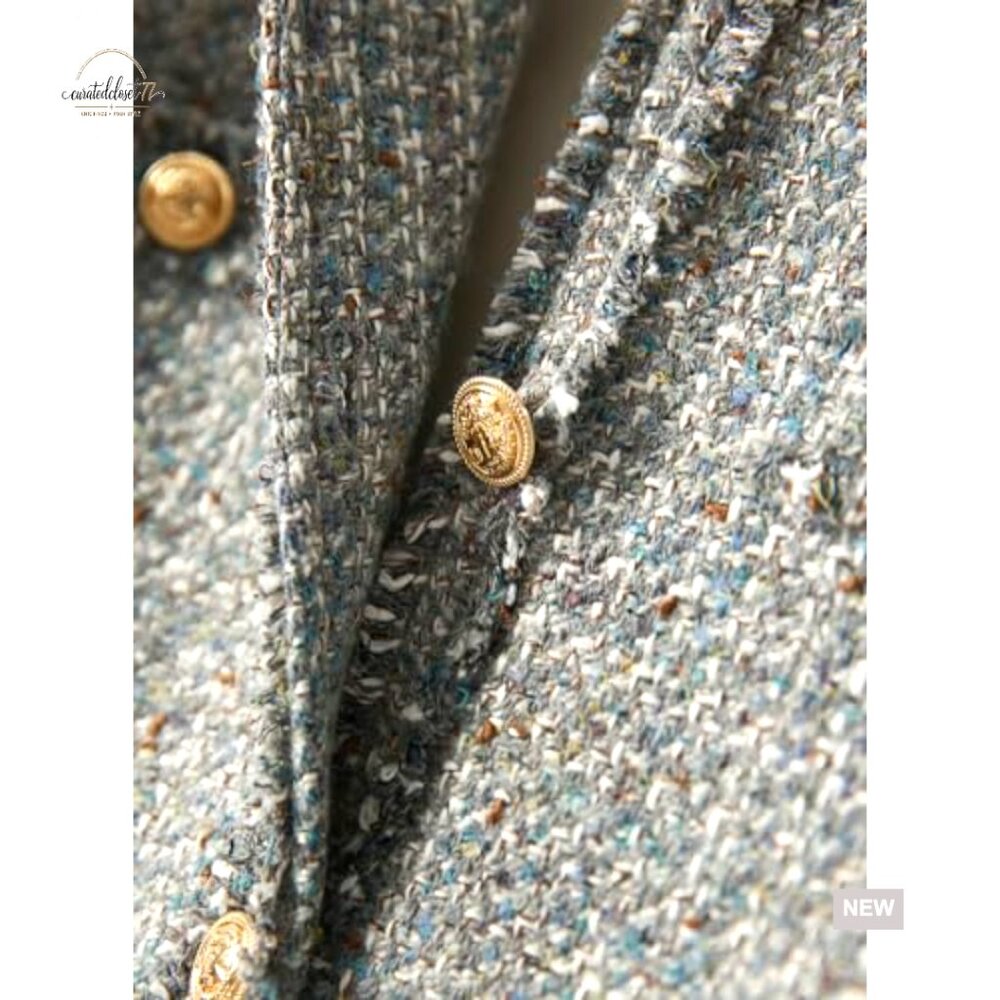 Tweed Blazer Jacket Button Down Collarless Office… - image 6